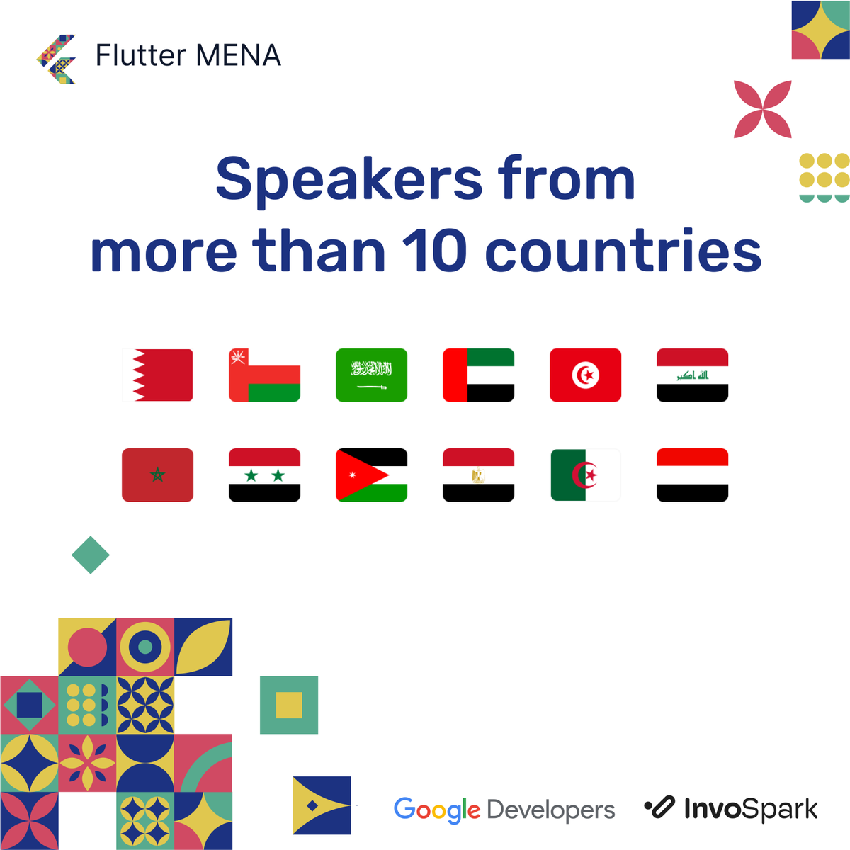 flutter_mena's tweet image. Explore #FlutterMENA where a tech voices across 10+ countries unite! 🌏 Join a lineup of speakers from #Bahrain, #Oman, #KSA, #UAE, #Tunisia, #Iraq, #Syria, #Jordan, #Egypt & #Algeria. 🤝 Celebrating tech diversity across borders!