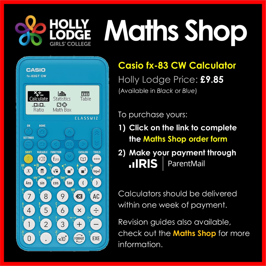 All Holly Lodge students should have their own scientific calculator as part of their basic equipment. 

Calculators can be bought through school at a reduced price by clicking here: forms.gle/Pscks5GRd79noQ…

#hollylodgelife #expecttoachieve
