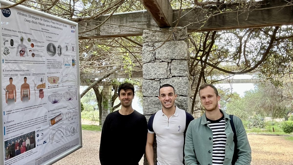 Enjoying the most beautiful outdoor poster session by the sea at @IES_Cargese International School “Wave Propagation and Control in Complex Media” 2024 with our team's postdocs @icarocosmos and Gabriel! #bioelectronics #waves