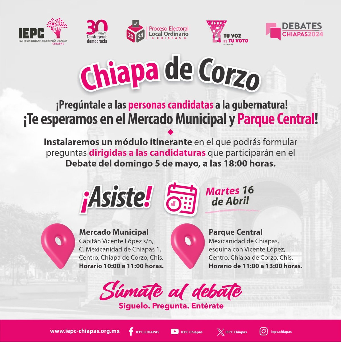 🗣️Quieres preguntar algo a las candidaturas en el debate❓
Aprovecha esta oportunidad, y asiste al módulo itinerante que instalaremos #Hoy en #ChiapaDeCorzo. Asiste y realiza tu pregunta.✍️