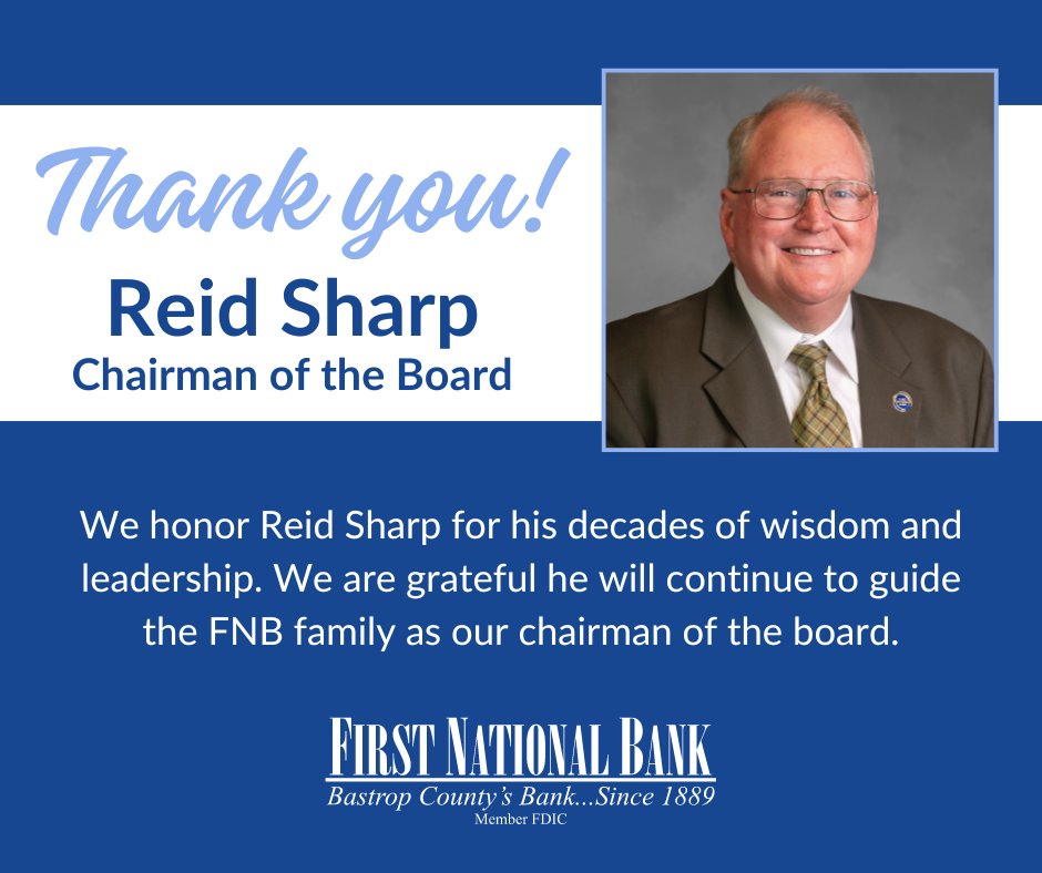 FNBBastrop's tweet photo. Today we celebrate Reid Sharp, our longtime CEO/President. Reid has shared his stalwart wisdom, vision and dedication with the FNB family, employees and customers for over 40 yrs. And good news for all our Reid fans: He’s staying on as Chairman of the Board! https://t.co/AnhXCPqksV