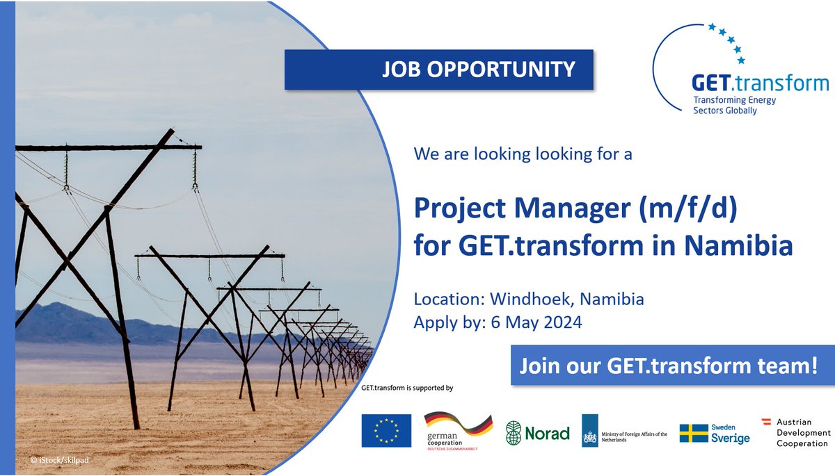🚀 Fantastic #JobOpportunity in #Namibia: Are you a dynamic and experienced professional committed to driving sustainable energy innovation? Then do join @GET_transform as a #ProjectManager in Namibia. Learn more and apply by 6 May ➡️ jobs.giz.de/index.php?ac=j… #RenewableEnergy