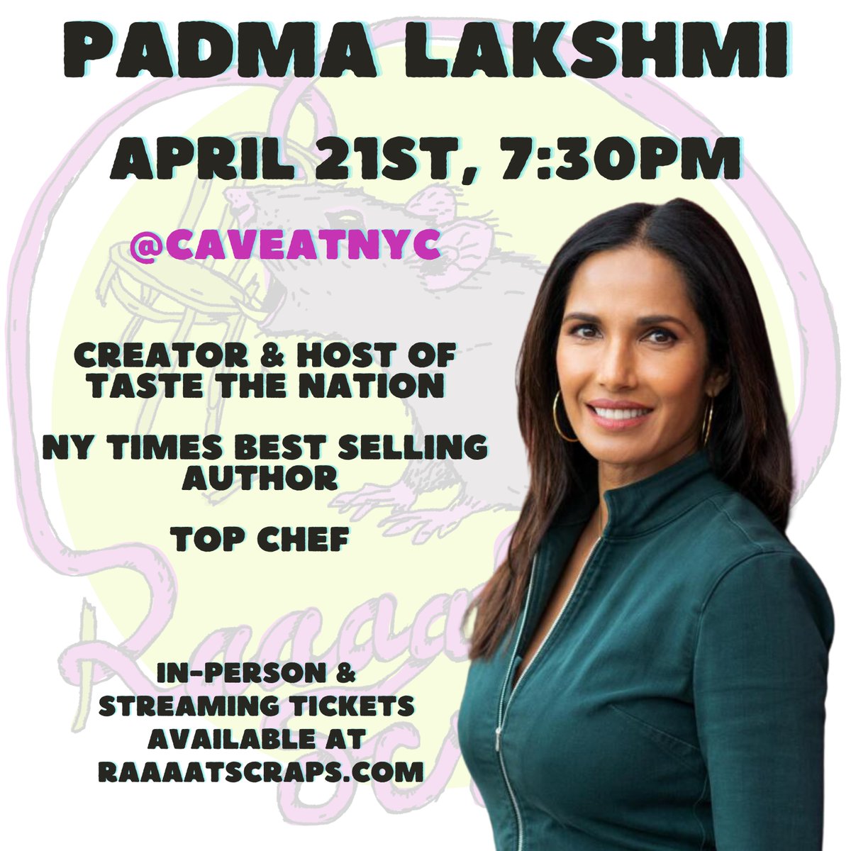 Ridiculous booking. We have the one and only Padma Lakshmi joining us as the guest monologist this Sunday. Do we even have to explain to you who she is? Get your in-person tickets before they sell out! RaaaatScraps.com/shows