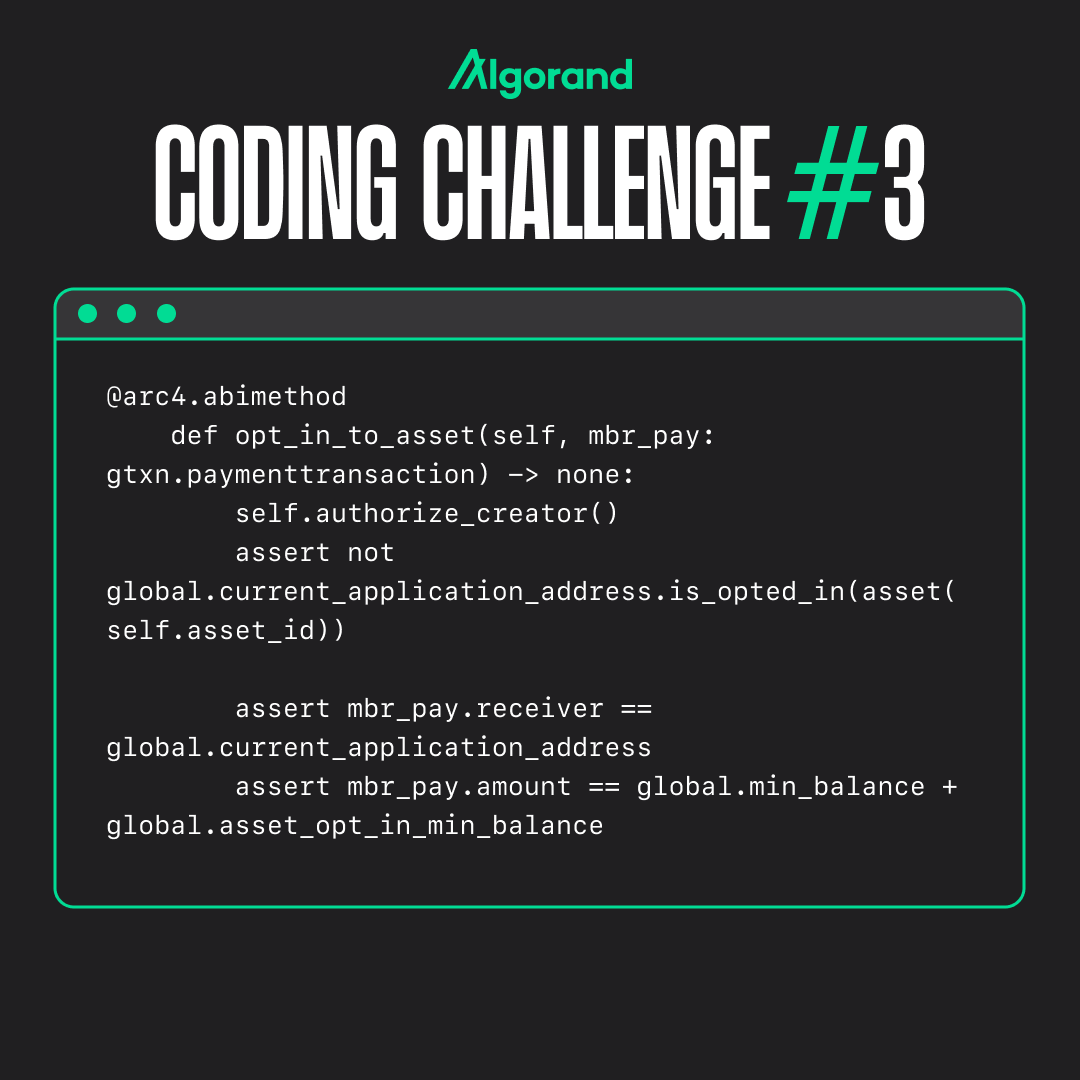 algodevs's tweet image. Algorand developers are ✨POWERING up ✨

Welcome to Week 3 of Algorand’s month-long Python Coding Challenge!

Over the past few weeks, the Algorand community has challenged themselves with #Python!

Join us for a new opportunity to test your skills 👀

Jump into the challenge 👇