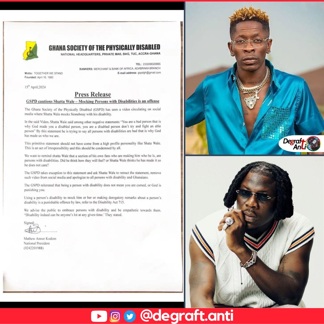 Ghana Society of the PhysicaIIy DisabIed (GSPD) sIams Shatta Wale for 'mo¢king' Stonebwoy over 'disabiIity' comment, asking him to retract his statement and apoIogize to all persons with disabiIities.
_____
Sarkodie Medikal Henry fitz Yaw Tog tech junction cheddar