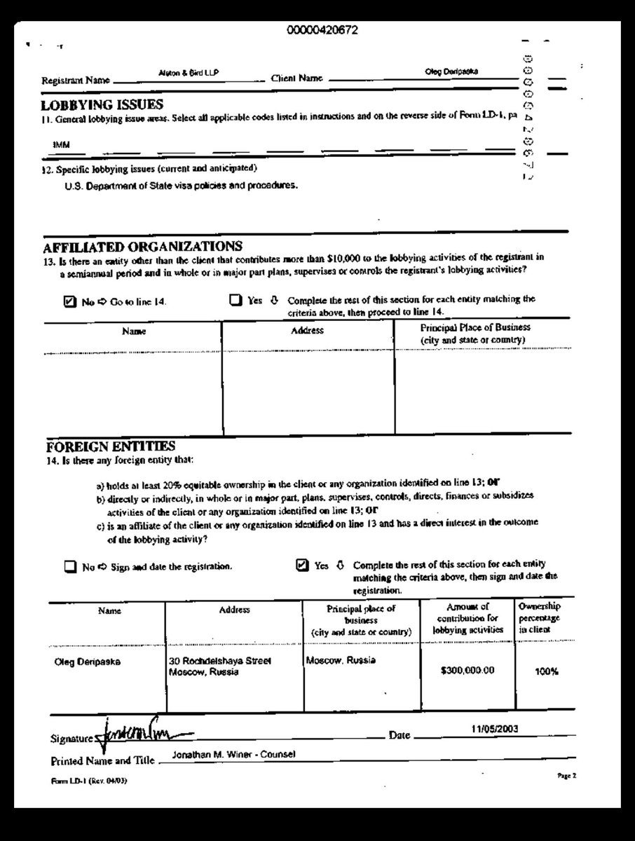 Oh look, it's GOP leader and presidential candidate Bob Dole's foreign agent registration forms from when he worked for oligarch Oleg Deripaska. And he's one of the few to admit it! There's a long dark history here. Not limited to the GOP either.