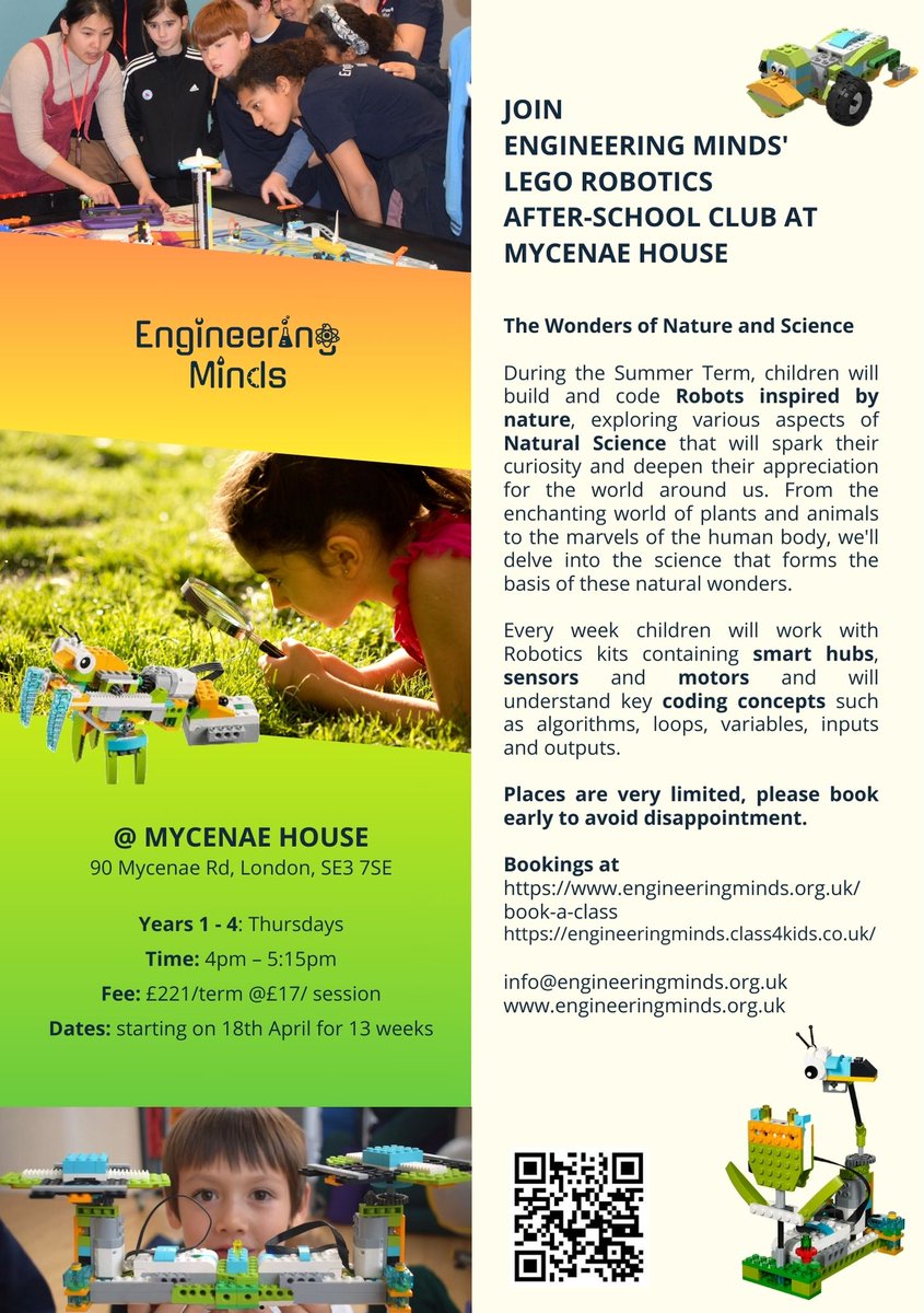 Children in years 1-4 can discover the Wonders of Nature & Science at Engineering Minds' Lego Robotics #afterschoolclub here on Thursdays 4pm, new term starts this Thurs 18 April! Spaces limited, for more info & to book visit engineeringminds.org.uk/book-a-class #STEM #Blackheath #Greenwich