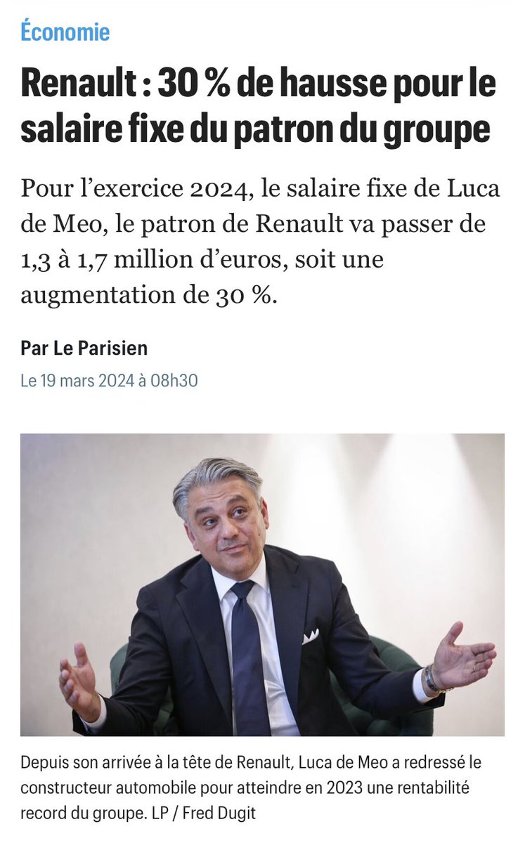 Lui c’est Luca de Meo, patron de Renault . Sa rémunération cette année sera de 1,7 million d’euros + part variable (jusqu’à 3,82 Millions €). Le tout grâce à sa «productivité»: - 4365 licenciements - Augmentation des cadences, - Imposition de plus de flexibilité - Baisse…