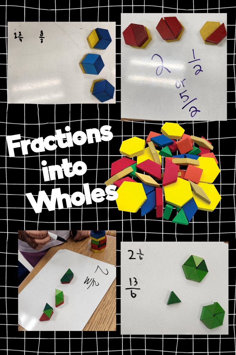 BrainyBunch2s's tweet photo. 🌟 Exploring fractions like pros today! 💡 Our class delved into regrouping fractions using pattern blocks. 🧩 Check out the inventive solutions we came up with for creating more than 2 wholes but less than 3.  #FractionMagic https://t.co/M6RhxRNe4T