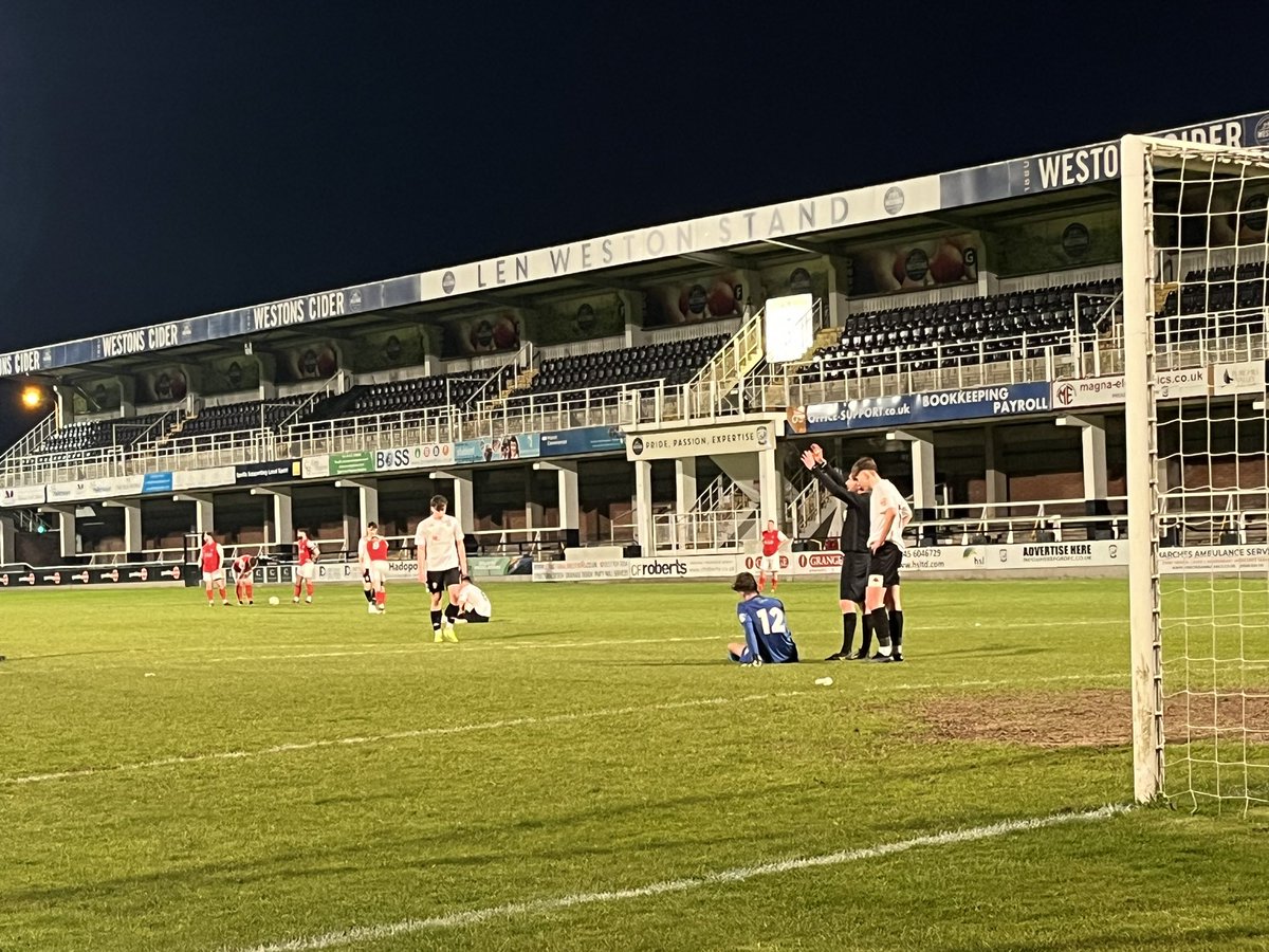 Play stops at the 64th minute with @HerefordFC keeper Shay Sterry going down and receiving some treatment. 65’ - #HerefordFC 1-2 @HerefordPegasus @HerefordshireFA County Cup Final Edgar Street, #Hereford