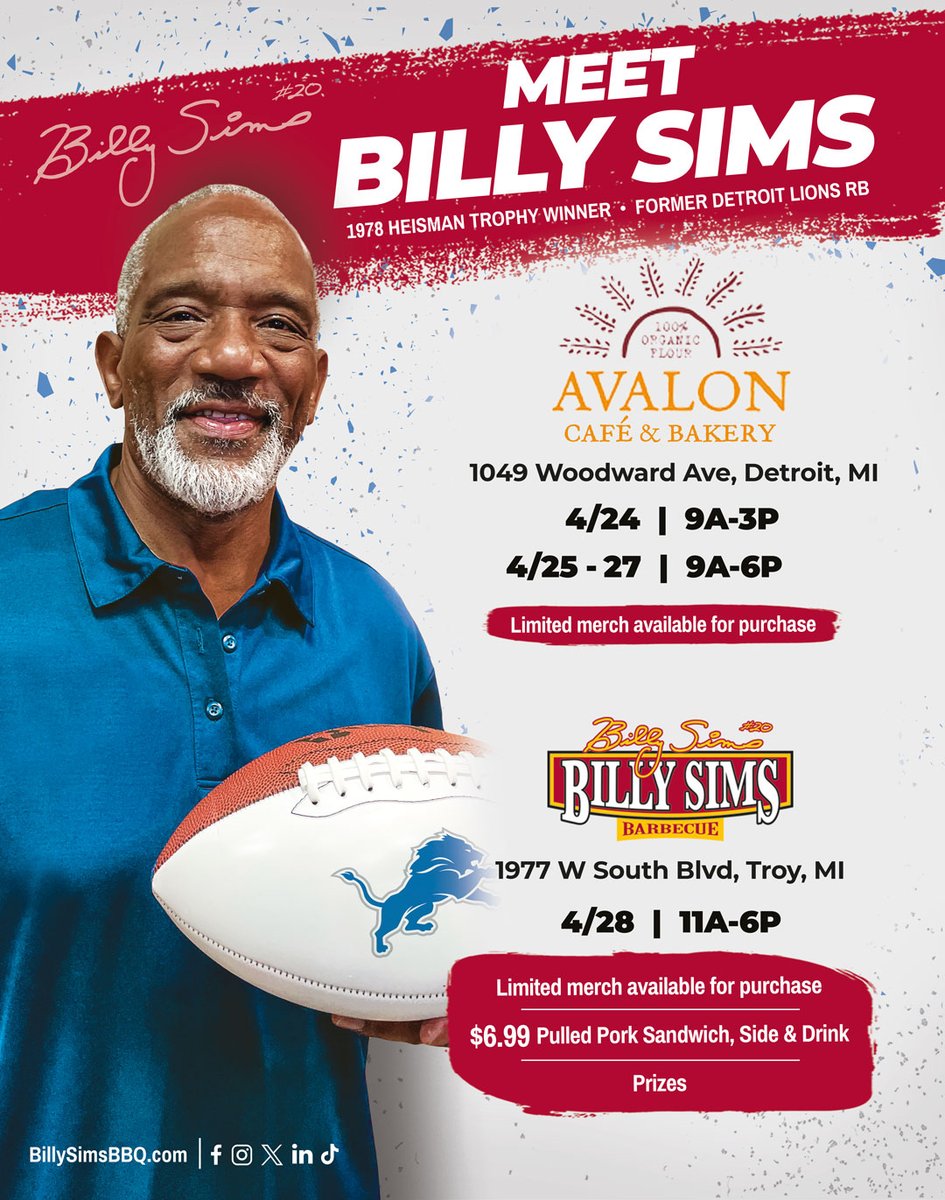 Wanna catch the NFL Draft with @RealBillySims? Join him in Detroit, MI at Avalon Cafe & Bakery 4/24-27 and at our Troy, MI location on 4/28! #billysims #billysimsbbq