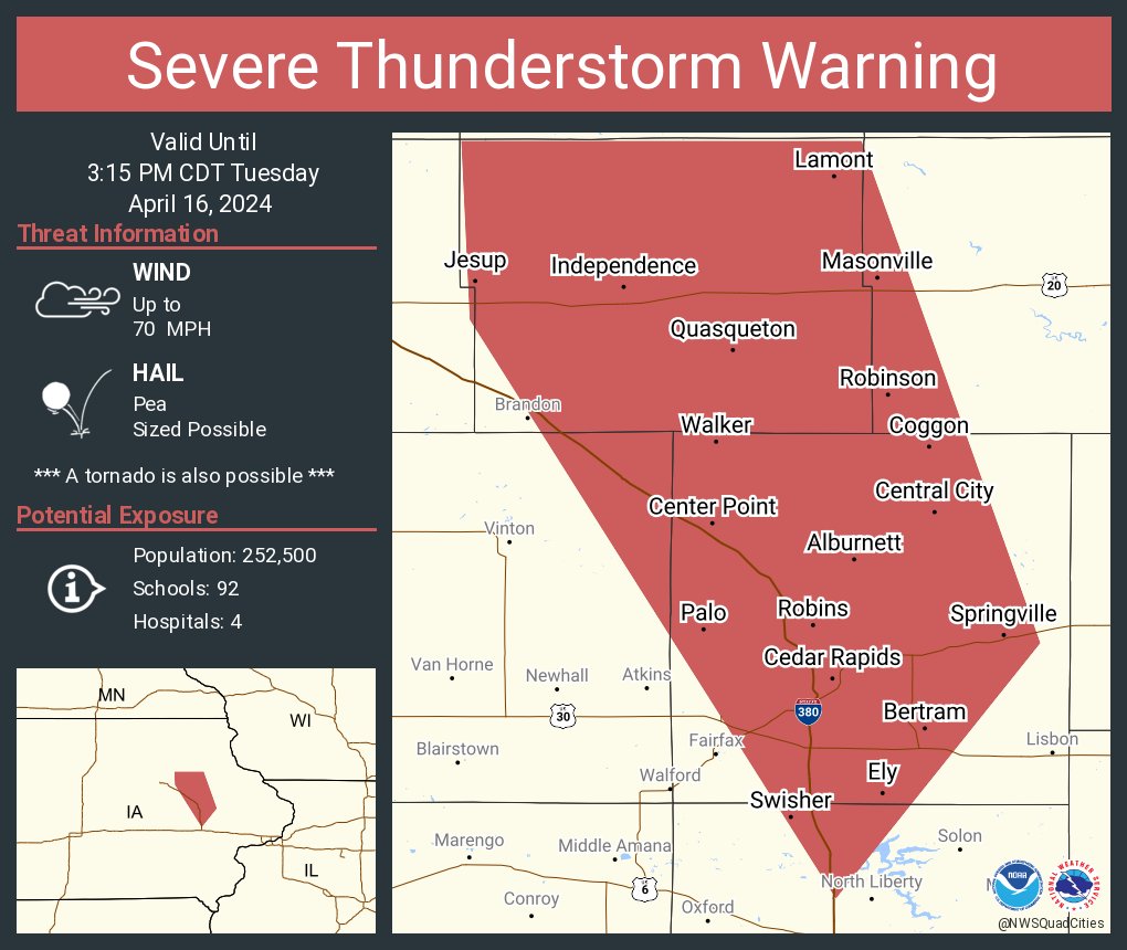 Severe Thunderstorm Warning continues for Cedar Rapids IA, Marion IA and Hiawatha IA until 3:15 PM CDT. This storm will contain wind gusts to 70 MPH!
