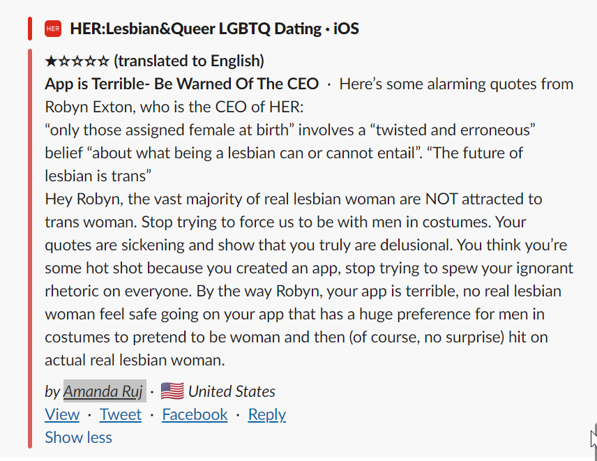 zwitscherliesel's tweet photo. "The future of lesbian is #trans" sagt der CEO der größten Dating-App für Frauen, die #Frauen daten möchten 😵💫🤯 Männer in Frauenkleidern sind ausdrücklich erwünscht, wer das als #Lesbe nicht zu schätzen weiß, wird vom CEO als #terf beschimpft. #deinstall 🤮 https://t.co/H6NHeS0NJP