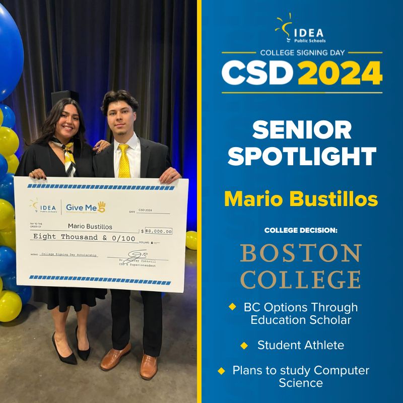 Meet Mario Bustillos from IDEA Bluff Springs' Class of 2024. Last week, Mario announced his decision to attend college at Boston College during our Austin College Signing Day event. 🎉 ​​ 🌟 Stay tuned for more #IDEACSD as we head to the RGV for 4 events this week! #IDEAProud