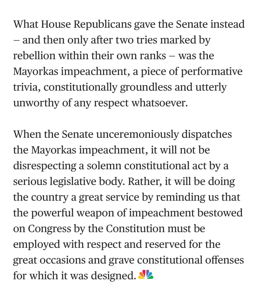 Constitutional law scholar and author of “A History of Impeachment” Frank Bowman slams Mayorkas impeachment in new op-ed: “The action itself so clearly disrespects both the Constitution and the proper role of Congress within the constitutional structure” msnbc.com/opinion/msnbc-…