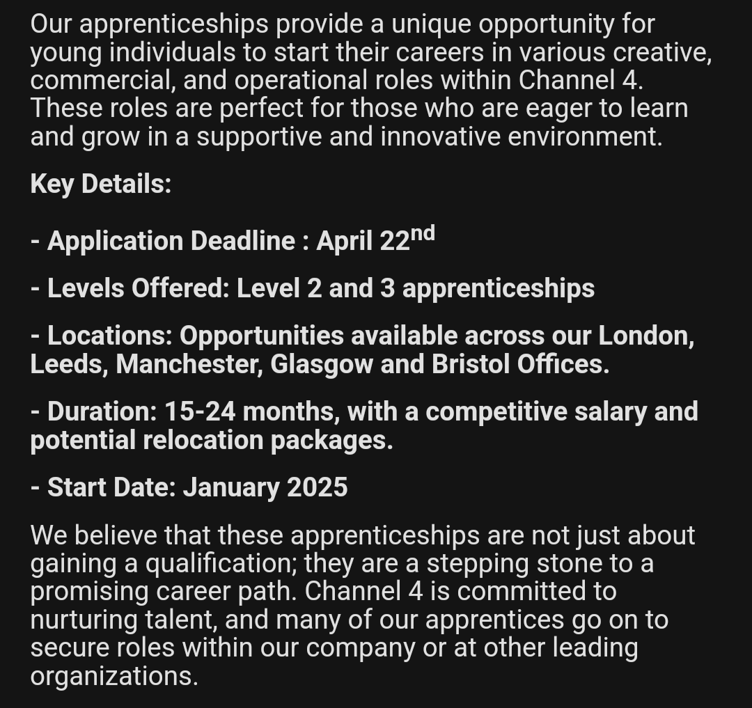 Channel 4 Apprenticeships ⬇️ 
Apply here: careers.channel4.com/4skills/appren…