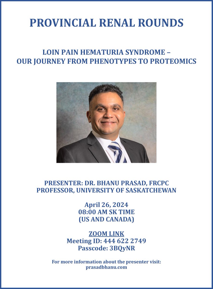 LPHS_Regina (@lphs_regina) on Twitter photo Upcoming Talk on #LPHS by <a href="/Bhanu2405/">Bhanu Prasad</a>
Mark Your Calendars! 26 April, 2024, 8am SK time
Learn about our #RCT on application of #Renal #denervation for #LPHS patients and #exome #sequencing for #hematuria and #pain Upcoming Talk on #LPHS by <a href="/Bhanu2405/">Bhanu Prasad</a>
Mark Your Calendars! 26 April, 2024, 8am SK time
Learn about our #RCT on application of #Renal #denervation for #LPHS patients and #exome #sequencing for #hematuria and #pain
