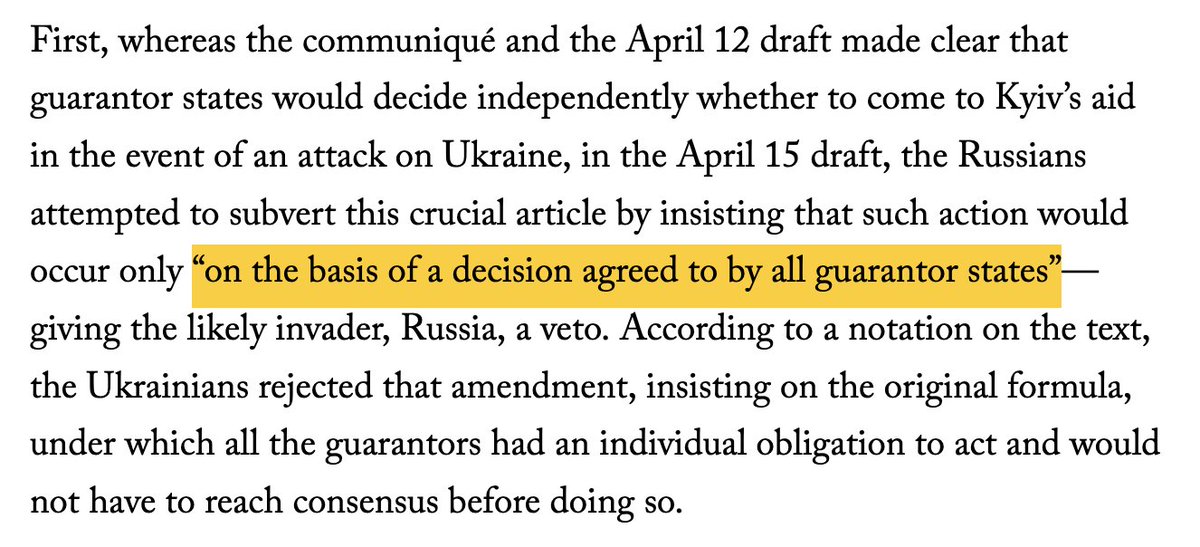 @KBehemoth @StephanEwald Nein, der Westen hätte Kyjiw nie dazu drängen können/wollen, die aberwitzige Veto-Vorstellung bei den Garantien aus Moskau👇(stand so auch schon im WSJ) zu akzeptieren... Der Verhandlungsverlauf hat die Zweifel aus US/UK bestätigt, dass Verträge mit Moskau nichts wert sind...