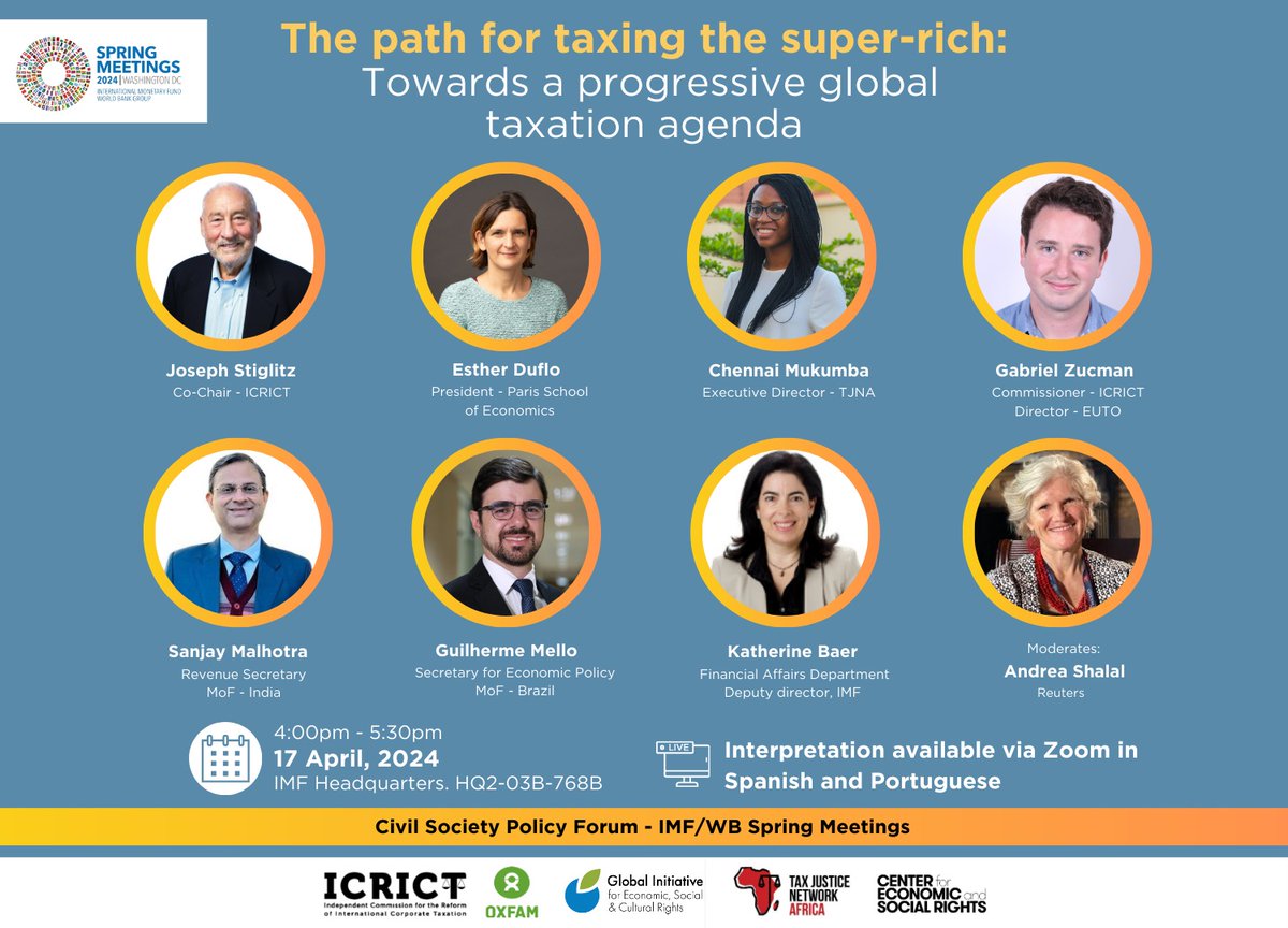 Extreme wealth concentration cannot be dismissed! Join us tomorrow to discuss 'The Path for Taxing the Super-Rich: Towards a Progressive Global Taxation Agenda', at the Spring Meetings 2024. 📅 17 April - 4 pm 📍 IMF Headquarters HQ2-03B-768B 📺 Zoom: tinyurl.com/3trp2av9