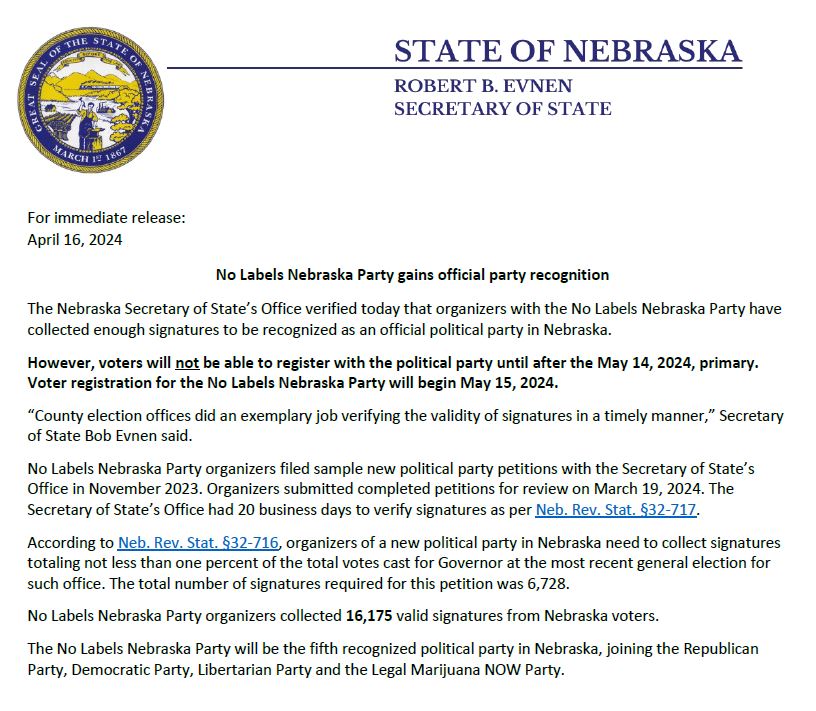 News release: No Labels Nebraska Party gains official party recognition. Read more here: sos.nebraska.gov/sites/default/…