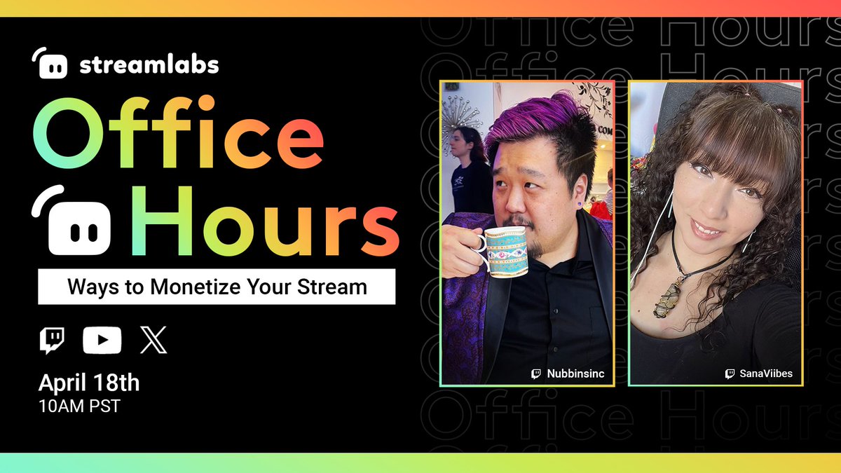 Office Hours this week! @Nubbinsinc will be sitting down with @SanaViibes this Thursday to discuss how to monetize your stream! We'll be talking about diversifying income, keeping monetization fun, and most importantly, when to make the jump! Tune in Thursday on Twitch!