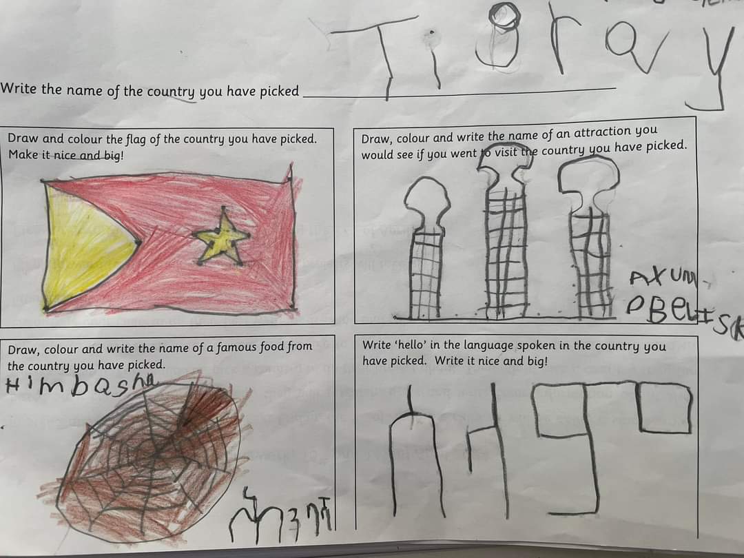 TedrosGBelay2's tweet photo. "Despite the suffering we endured during the #TigrayGenocide, things like these fill my heart with warmth.
 
It is a  school project of my dear friend's 4-year-old son, Nahusenay Semere ❤❤.

 It reminds me that the next generation holds the promise and hope for #Tigray https://t.co/u4uEhB7RiD