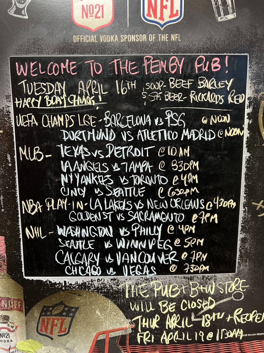 The Pemby opens for lunch today at 11:30am. Soup is Beef Barley. Join us for 2 @ChampionsLeague games at noon @MLB all day with @BlueJays at 4pm @NBA Play In’s start at 4:30pm @NHL with @NHLFlames vs @Canucks at 7pm #pembypub #NorthVan #yourteamplaysatthepemby Happy Bday Chuck!!