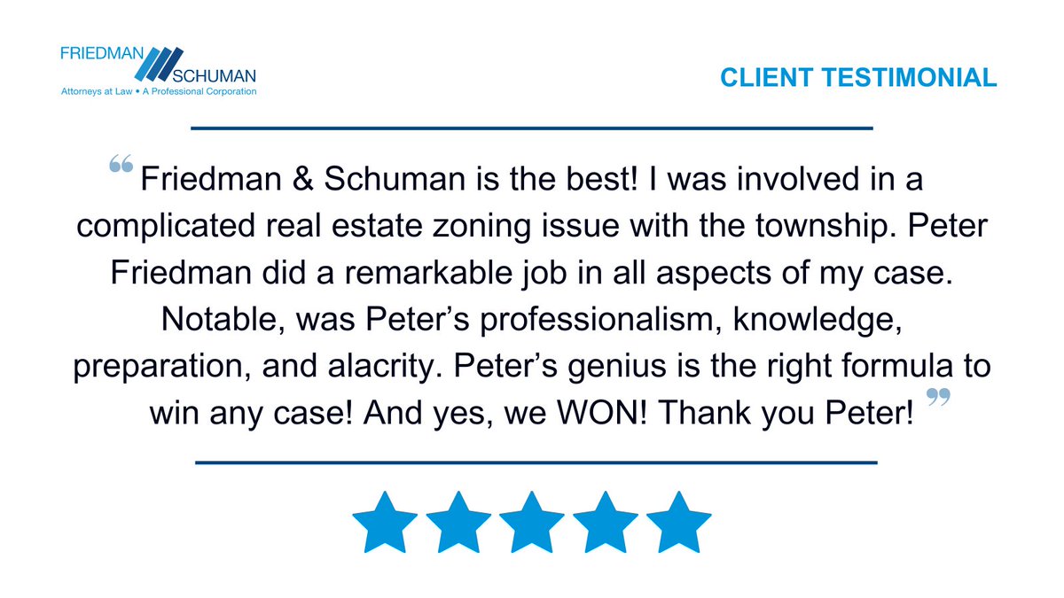 'Peter's genius is the right formula to win any case! And yes, we WON!' - former client

Learn more about the legal matters the #fsalaw #realestate attorneys can assist you with: bit.ly/49EYE4F #realestateattorney #realestatelawyer #friedmanschuman