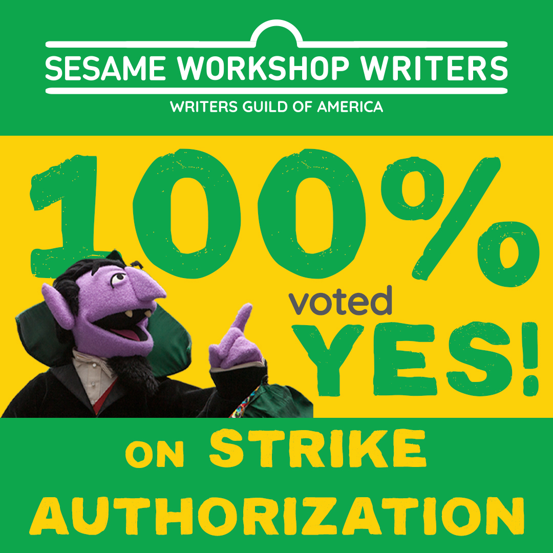 WGAEast's tweet image. WGA members at Sesame Workshop are prepared to strike. 🪧

The unit voted UNANIMOUSLY - with 100% participation - to authorize a strike if management does not reach a fair new contract before their current agreement expires this Friday, April 19.