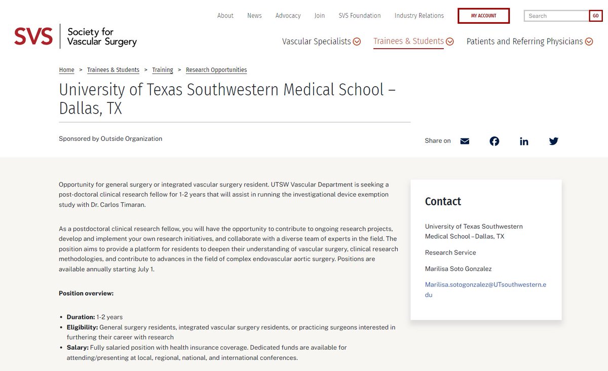 Exciting Opportunity in Vascular Surgery Research! Our department is currently seeking a post-doctoral clinical research fellow for a 1-2 year term. For more information, please visit: vascular.org/trainees-stude… @UTSW_Surgery @VascularSVS