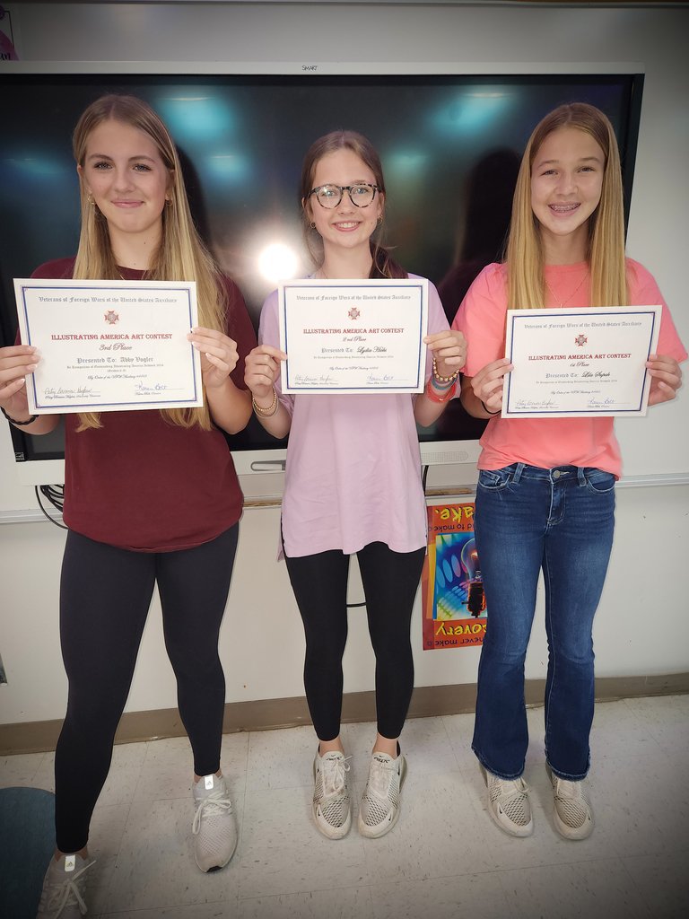 🎉 Drumroll, please! 🎨 We're thrilled to announce the talented winners of the VFW Art Contest are three students from Caldwell Junior High! 🏆 🥇 1st Place ➡️ Lila Supak 🥈 2nd Place ➡️ Lydia Hicks 🥉 3rd Place ➡️ Abby Vogler CONGRATULATIONS on your amazing achievements!