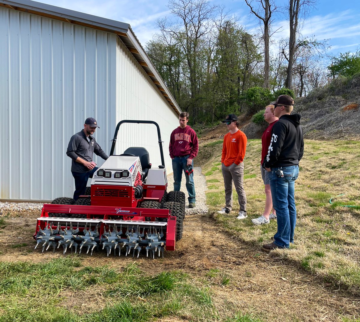THANK YOU #Turfgrass Research Center mgr. John Hinson for teaching @VTTurfgrass seniors about using specialized turf equipment. Students learned how to operate a @TheToroCompany TX1000 Dingo, mow using a @LastecMowers XF200 deck, & cultivate the surface w/ a @Ventrac Aera-Vator.