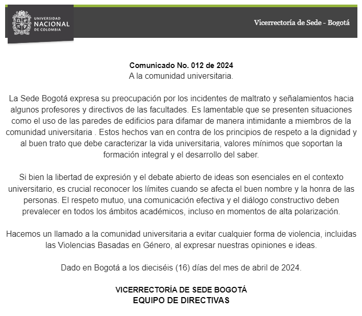Comunicado No. 012 - Vicerrectoría de Sede Bogotá