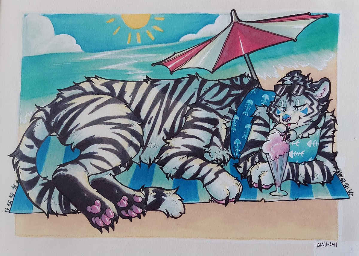 On Holiday 🏖 Commission for <a href="/gabubarks/">Gabu ΘΔ ☁️</a> , just a tiger enjoying the summer beach 🐯