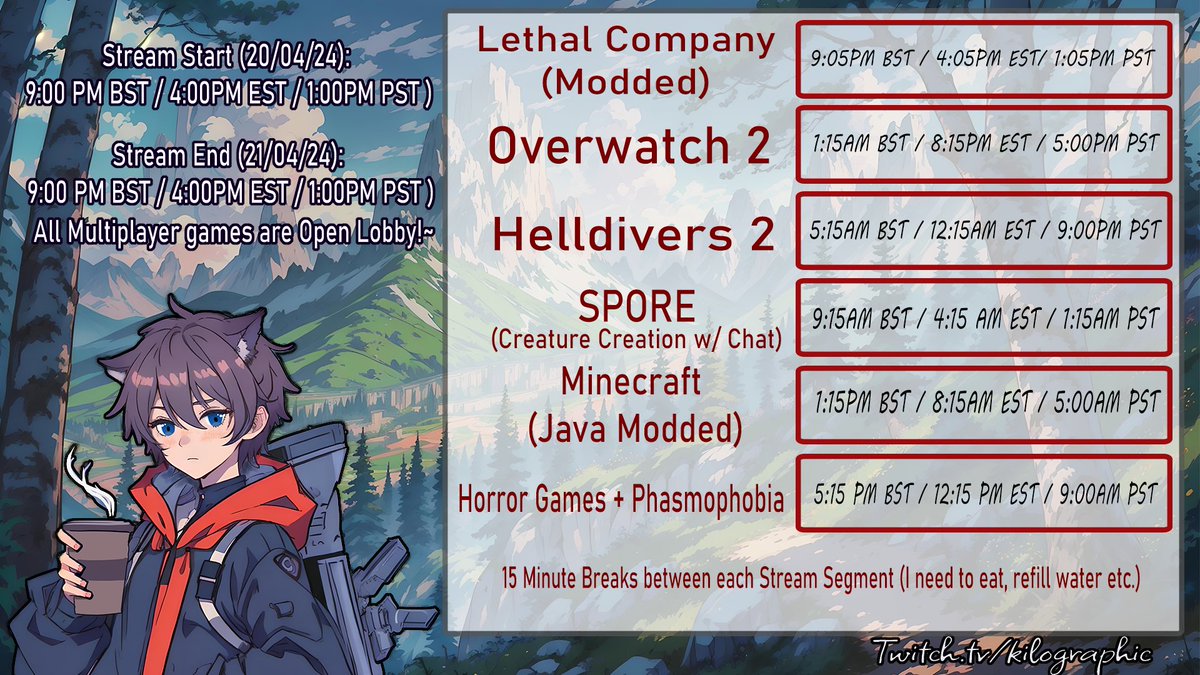 Kilographical's tweet photo. This is the Schedule for the 24 HOUR Stream on Saturday/Sunday! 

We have 6 games over the 24 hours I'll be streaming 4/5 being multiplayer and the rest being Singleplayer in quieter parts of the stream! All multiplayer games will be open lobby, so feel free to join! Cya there! https://t.co/jWiq8n9V0H