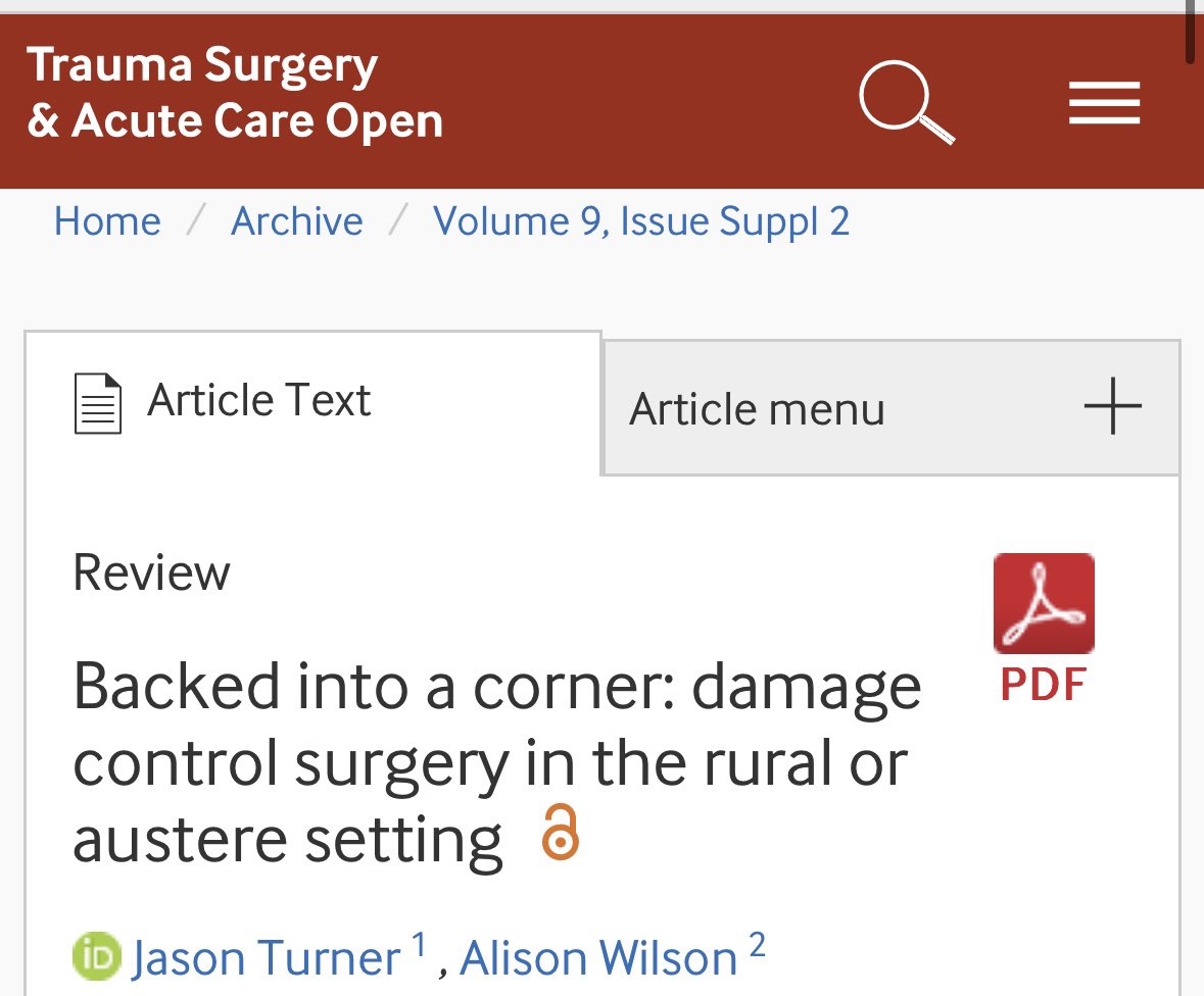 See Jason Turner’s review of damage control in the rural environment. Some great pearls for resource utilization @TCCACS @TSACO_AAST #TCCACS2024 tsaco.bmj.com/content/9/Supp…