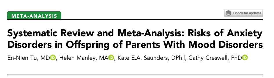 #JAACAP study finds offspring of parents with mood disorders face higher risk of anxiety disorders and recommends prevention and early intervention. @topic_group #anxiety #depression #bipolar #parenting jaacap.org/article/S0890-…