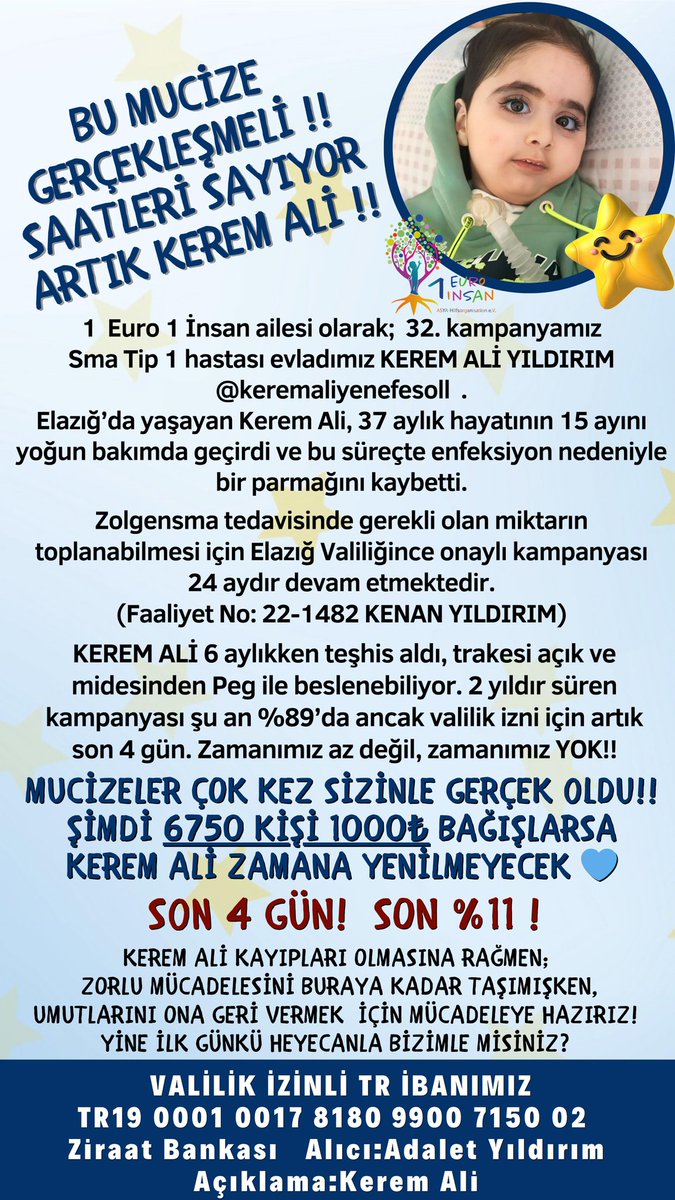 1euro1insann's tweet photo. HERKES DUYMALI, HERKES GÖRMELİ,
BU MUCİZE GERÇEKLEŞMELİ‼️
SAATLERİ SAYIYOR ARTIK KEREM ALİ‼️
‼️ SON 4 GÜN, SON %11‼️
‼️SON 6.750.000₺‼️

1  Euro 1 İnsan ailesi olarak;  32. kampanyamız Sma Tip 1 hastası evladımız KEREM ALİ YILDIRIM  @keremali_sma . 
Elazığ’da yaşayan Kerem Ali, 37 aylık hayatının 15 ayını yoğun bakımda geçirdi ve bu süreçte enfeksiyon nedeniyle bir parmağını kaybetti.

Zolgensma tedavisinde gerekli olan miktarın toplanabilmesi için Elazığ Valiliğince onaylı kampanyası 24 aydır devam etmektedir.
(Faaliyet No: 22-1482 KENAN YILDIRIM) 

KEREM ALİ 6 aylıkken teşhis aldı, trakesi açık ve midesinden Peg ile beslenebiliyor. 2 yıldır süren kampanyası şu an %89’da ancak valilik izni için artık son 4 gün. Zamanımız az değil, zamanımız yok‼️

MUCİZELER ÇOK KEZ SİZİNLE GERÇEK OLDU‼️
ŞİMDİ 6750 KİŞİ 1000₺ BAĞIŞLARSA 
KEREM ALİ ZAMANA YENİLMEYECEK 💙

KEREM ALİ KAYIPLARI OLMASINA RAĞMEN; ZORLU MÜCADELESİNİ BURAYA KADAR TAŞIMIŞKEN, UMUTLARINI ONA GERİ VERMEK  İÇİN MÜCADELEYE HAZIRIZ!

32.KEZ İLK GÜNKÜ HEYECANLA BİZİMLE MİSİNİZ?

Destekleriniz için,

📌 VALİLİK İZİNLİ TR İBANIMIZ
TR19 0001 0017 8180 9900 7150 02 ‌
Ziraat Bankası   
Alıcı:Adalet Yıldırım
Açıklama:Kerem Ali

📌 Avrupa IBAN
‌NL34 BUNQ2069567494
‌Alıcı: Sma Kids
‌Açıklama: Kerem Ali