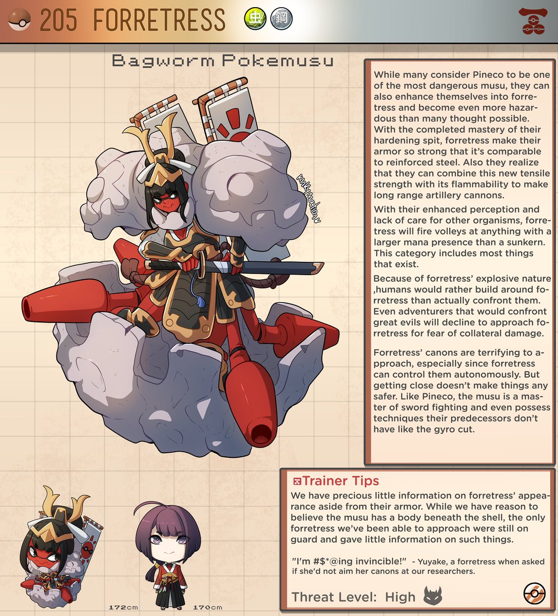 kinkymation's tweet photo. There are few cases of successful bonding with Forretress, since the Musu is as guarded as the steel on its body....however it IS possible to bond with them if you  woo a Pineco before they evolve...or if you manage to breach their defenses and survive!
dex: @wilsonthegreen https://t.co/PRfBmnb8u4