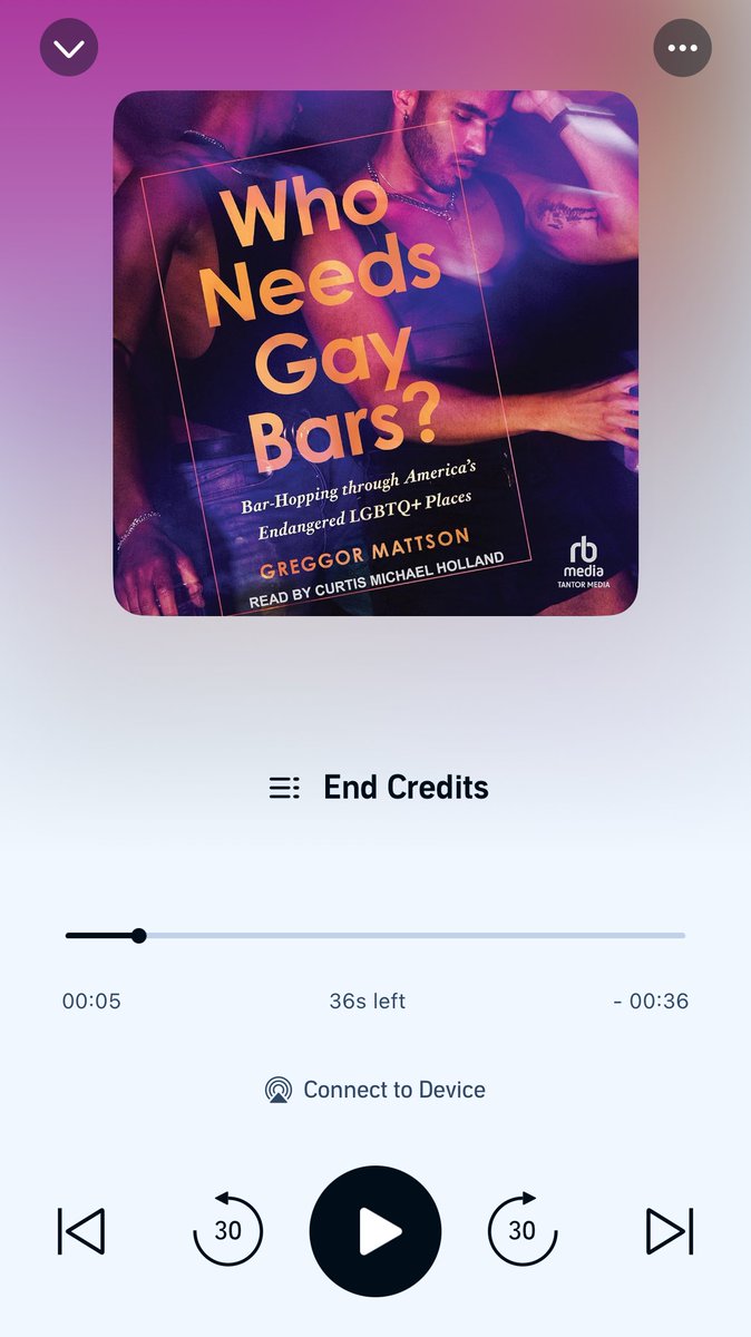 Finished the Who Needs Gay Bars? audiobook (@GreggorMattson) after one month—I’ve been listening to it instead of music on long drives. Of course I’ll read the physical book too but the book is fun! Fun fact: I finished Ch26 (leather stallion saloon) right as I arrived at CLAW