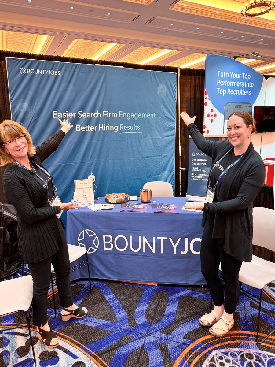 We! Are! BountyJobs! ✨ It's the final day of #SHRMTalent - we're here until close, ready to talk simplifying your search firm & agency management. Come chat with Gretchen, our resident VP of TA, who implemented BountyJobs at a large healthcare org! 🩺💼