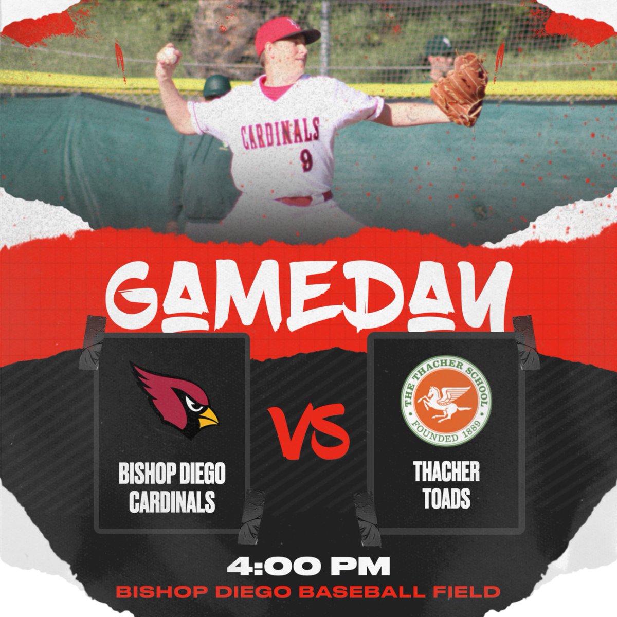 ⚾ GAMEDAY⚾ 

🆚 Thacher

⌚️ 4:00

📍 Baseball Field, Bishop Diego

📺 Stream Live on GameChanger

#GoCardinals