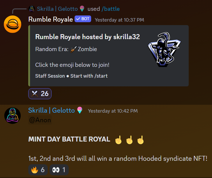 To celebrate our #Mint day with some FUN! We are hosting a Royal rumble on 4/20. 

Top 3 in the battle Royal will win a random Hooded Syndicate NFT! 🥊

Join our discord and sign up by hitting the⚔️emoji! 

discord.gg/Gut939AdCk

#Freegifts #Giveaways #GiveawayAlert #NFT