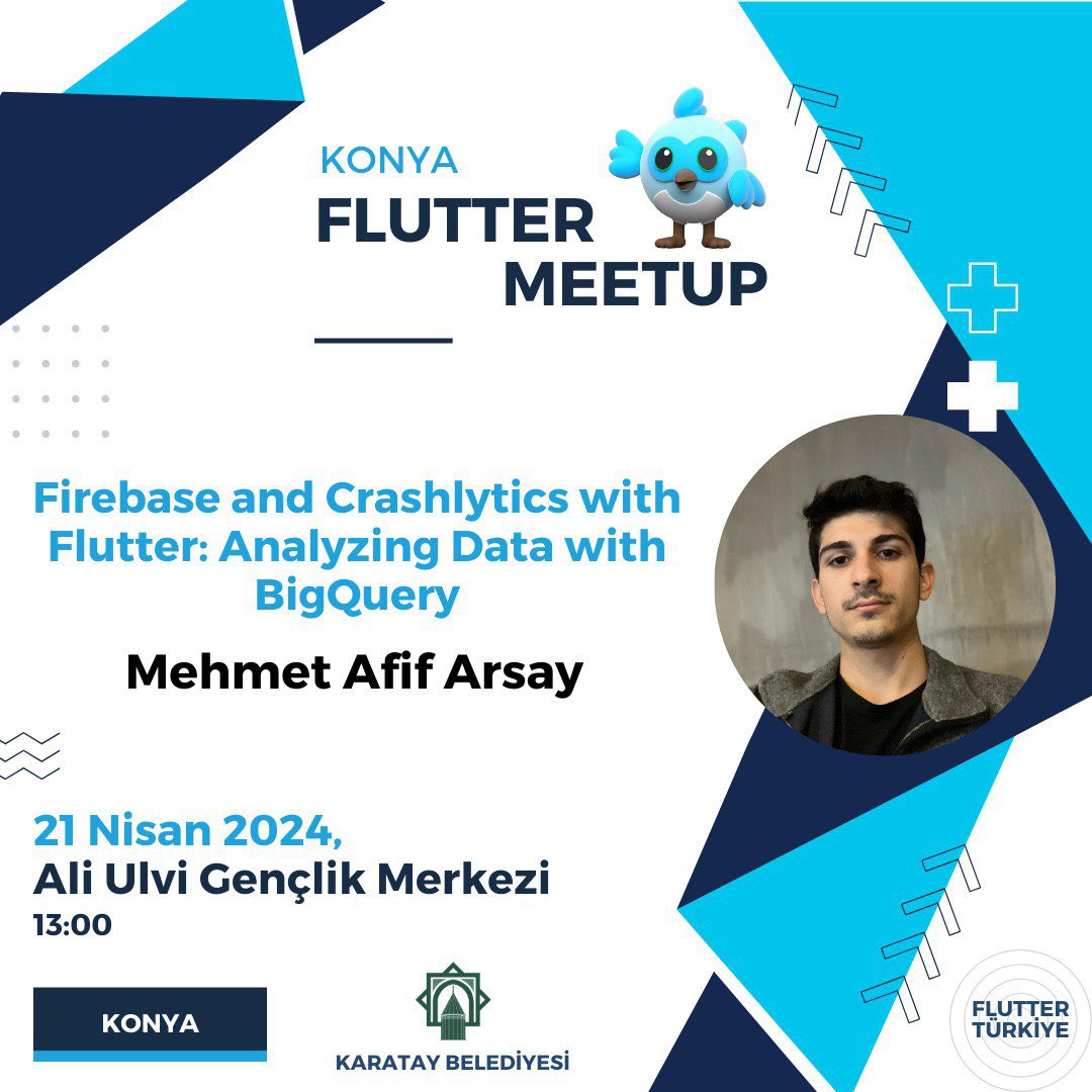 21 Nisan'da gerçekleşecek Konya Flutter Meetup etkinliğimizde Mehmet Afif Arsay 'Firebase and Crashlytics with Flutter: Analyzing Data with BigQuery' konuşması ile bizlerle olacak 🤩 #flutter Kayıt İçin 👇🏻 meetup.com/flutter-turkiy…