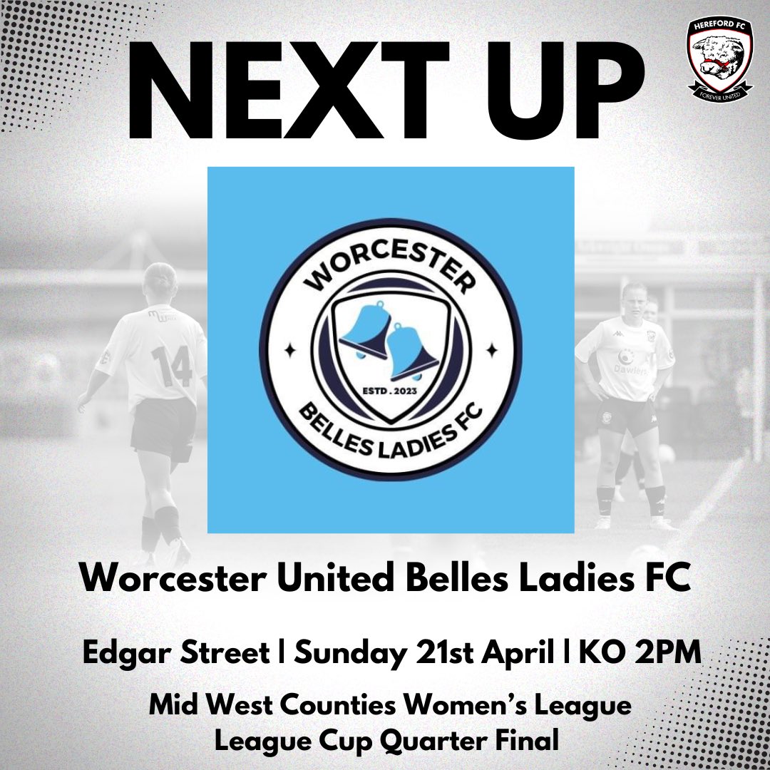 ⚫️⚪️⚽️ Mid West Counties Women’s League League Cup Quarter Final 🆚 Worcester United Belles Ladies FC 🏟️ Edgar Street 🕑 2pm 🎟️ £2 (under 12s free with a paying adult) ☕️ Refreshments available #COYW | #ourcity | #bullettes