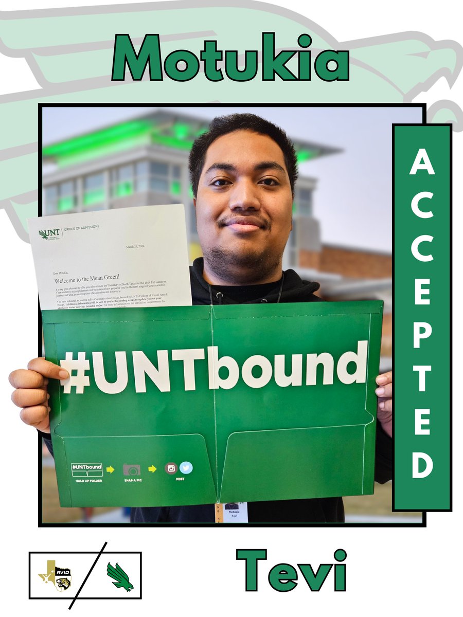 Congratulations to @IrvingHigh student, MJ, on his acceptance to @UNTsocial and @MSUTexas. We are #AVID proud! #texastornadodesign #untbound #mustangs #tigernation