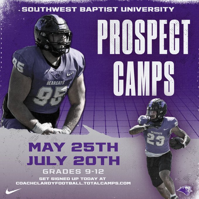 Attention High School Recruits!! 🐾Be ready to Camp w/ the 'Cats!!🐾 Join us at Southwest Baptist University and show our coaching staff you can ball out! Scholarships WILL be offered! #RollCats Get signed up by clicking the link below. Sign up link: coachclardyfootball.totalcamps.com/shop/EVENT