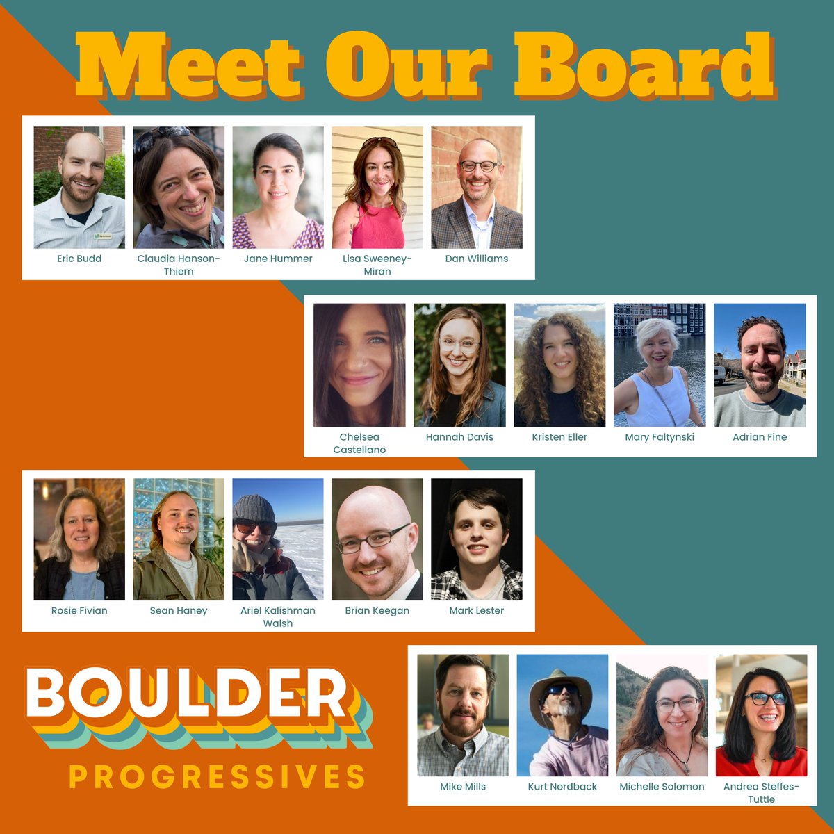 Boulder Progressives is excited to announce an expansion of our board of directors with the addition of seven new members!

We look forward to bringing our board’s decades of  experience to effecting change across our city and state.

Learn more at boulderprogressives.org/board