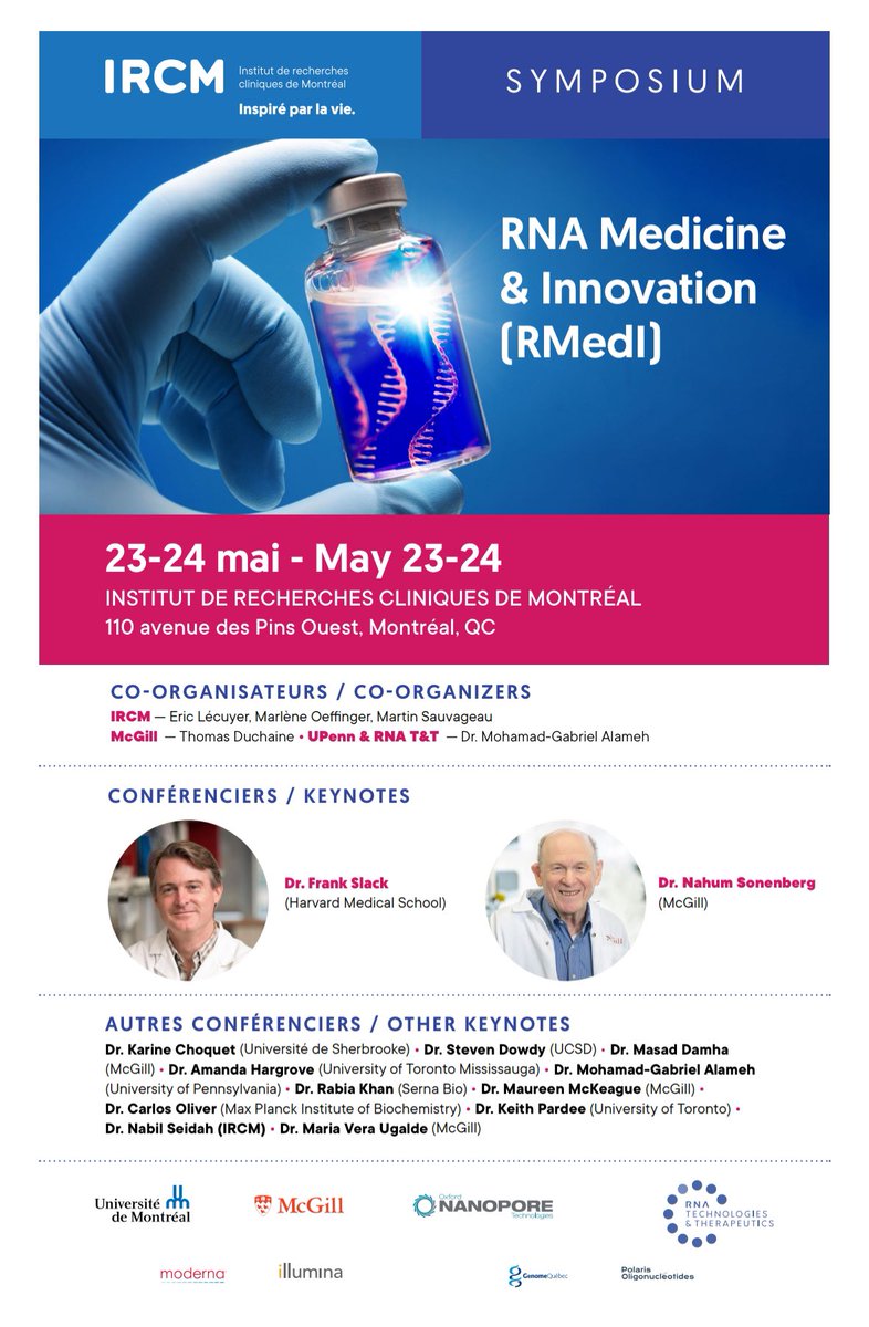 Join us May 23-24 for the RNA Medicine &amp; Innovation Symposium <a href="/ircm_mtl/">IRCM</a>. Details and registration info: ircm.qc.ca/en/events-deta…