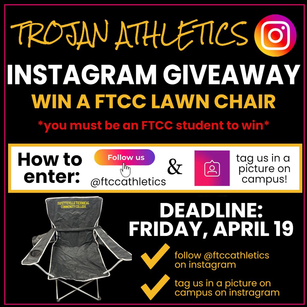 📣INSTAGRAM GIVEAWAY📣 1. Follow us @ftccathletics on Instagram 2. Tag us in a picture on campus on Instagram For a chance to win a FTCC Lawn Chair, details below⬇️ *must be an FTCC student, will have to show school ID at pickup*